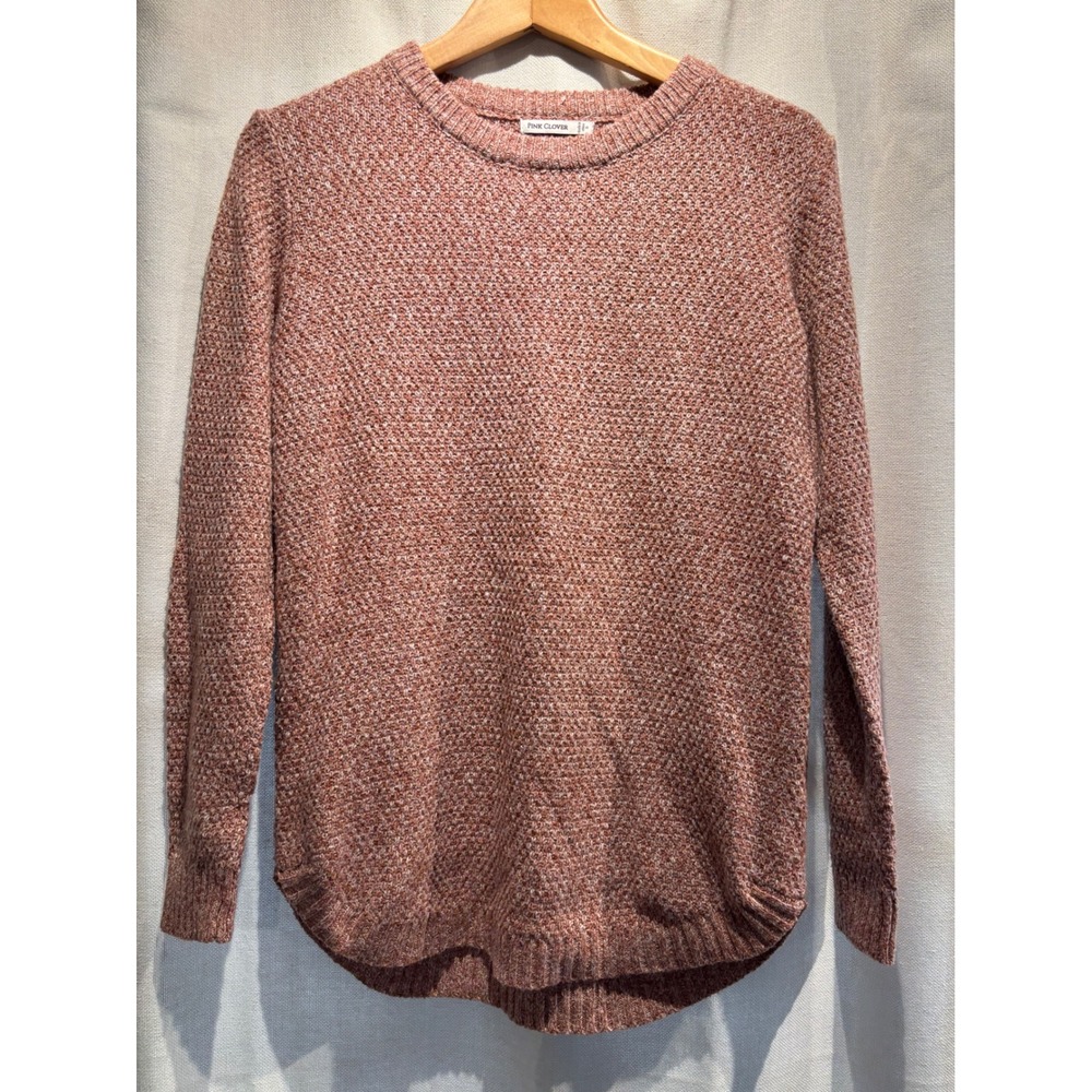 Pink Clover Womens Marled Knit Crewneck Sweater Curved High Low Hem Rose Small
